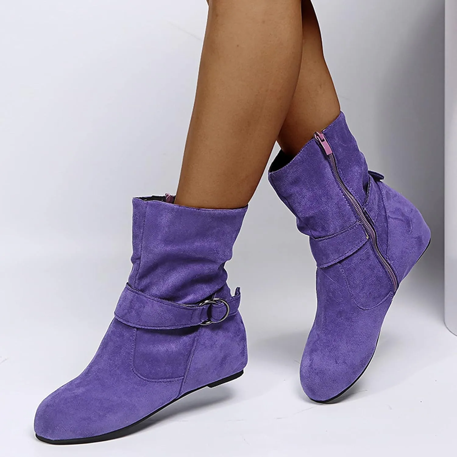 Ankle Flat Vintage Boots Women Buckle Boots Flat Vintage Round Toe Buckle Flat Rubber Slip on Boots Comfortable