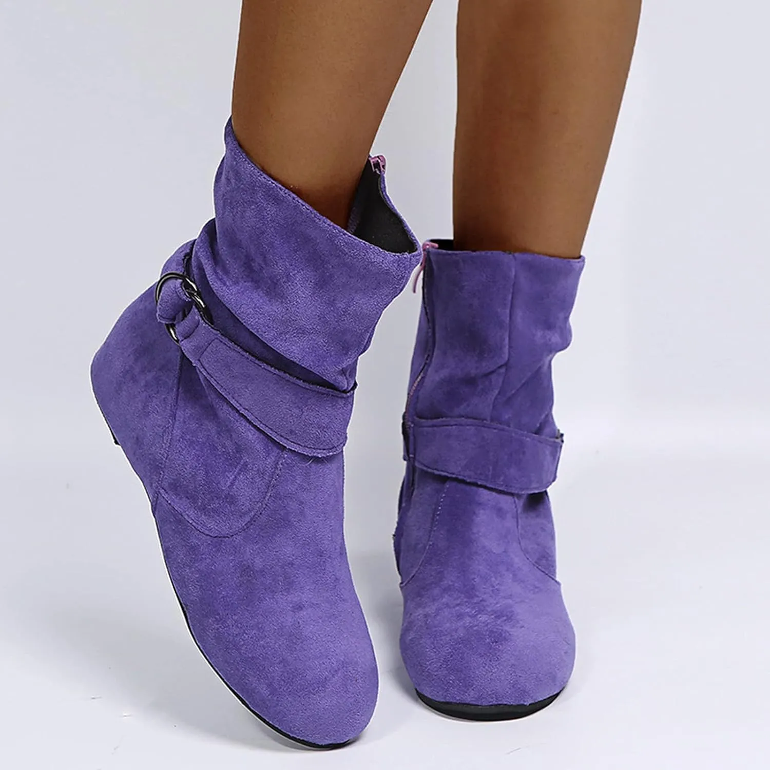 Ankle Flat Vintage Boots Women Buckle Boots Flat Vintage Round Toe Buckle Flat Rubber Slip on Boots Comfortable