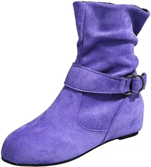 Ankle Flat Vintage Boots Women Buckle Boots Flat Vintage Round Toe Buckle Flat Rubber Slip on Boots Comfortable