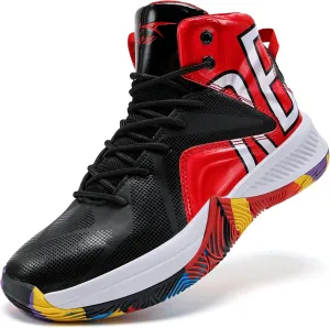 ASHION Mens Basketball Shoes Arch Support Sneakers Lightweight Anti Slip Sports Shoes for Outdoor Running Walking Black Red 6.5