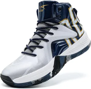 ASHION Mens Basketball Shoes High Top Sneakers Anti Slip Cushion Support Sports Shoes for Running Walking Classics White Blue 7.5