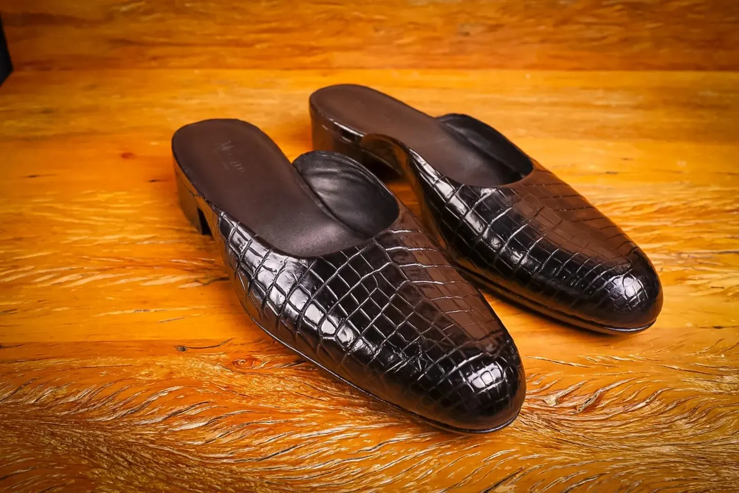 Black Leather With  Animal Croc Alligator Print  Celeste Calm Mule Loafers - Summer 2024 Collection