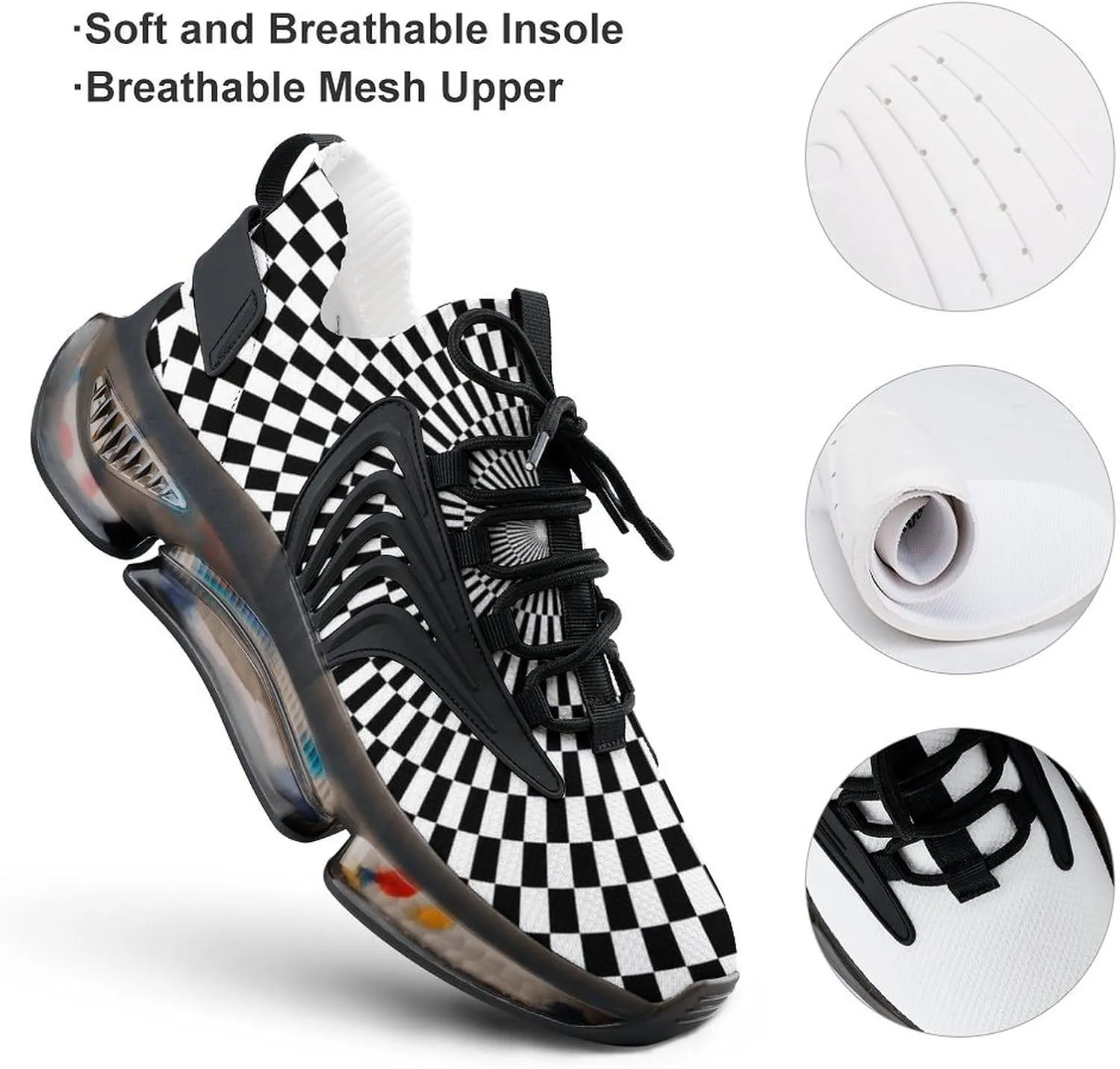 Black White Psychedelic Vortex Plaid Walking Shoes for Men Lightweight Tennis Fashion Elastic Sports Shoes Cushion Basketball Shoes