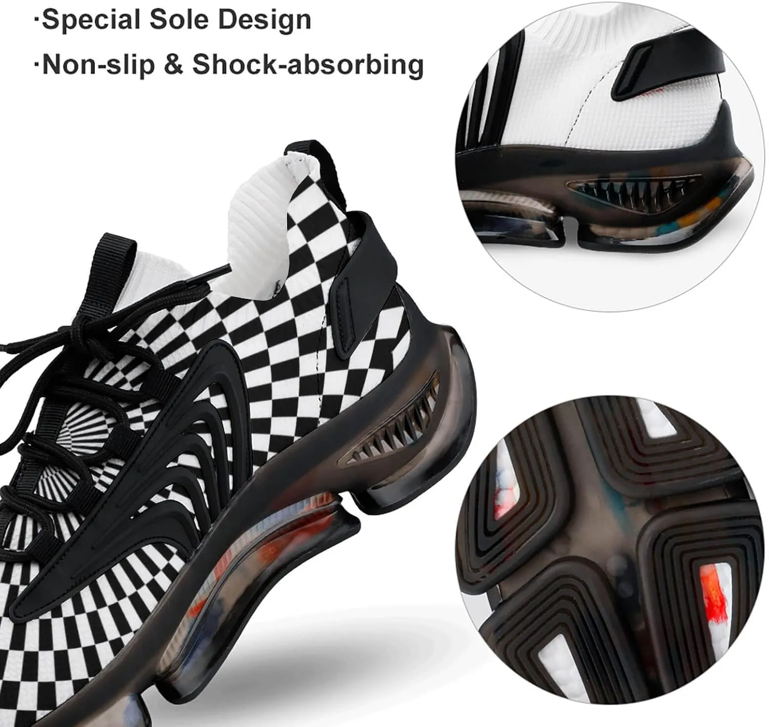Black White Psychedelic Vortex Plaid Walking Shoes for Men Lightweight Tennis Fashion Elastic Sports Shoes Cushion Basketball Shoes