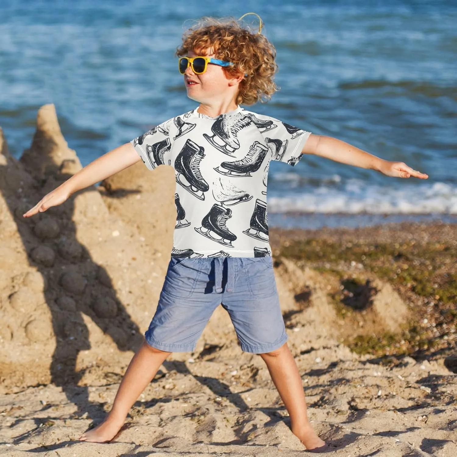 Boy Swimsuit Retro Sport Skate Shoe Sunscreen T-Shirts Swimwear Sets UPF 50 