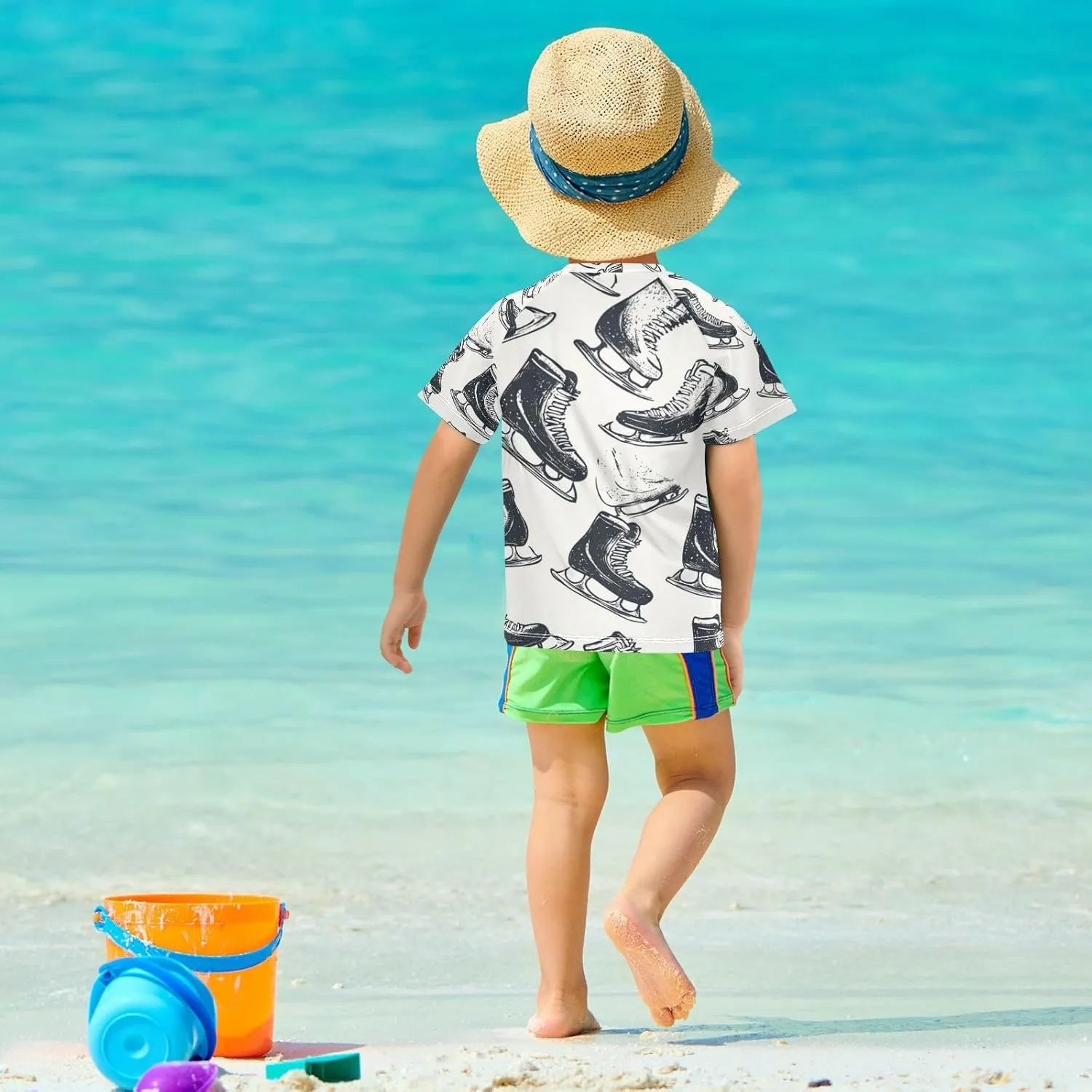 Boy Swimsuit Retro Sport Skate Shoe Sunscreen T-Shirts Swimwear Sets UPF 50 