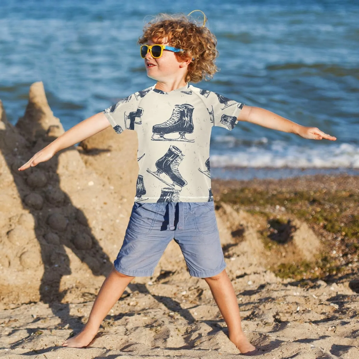 Boy Swimsuit Skate Shoe Retro Sport Sunscreen T-Shirts Swimwear Sets UPF 50 