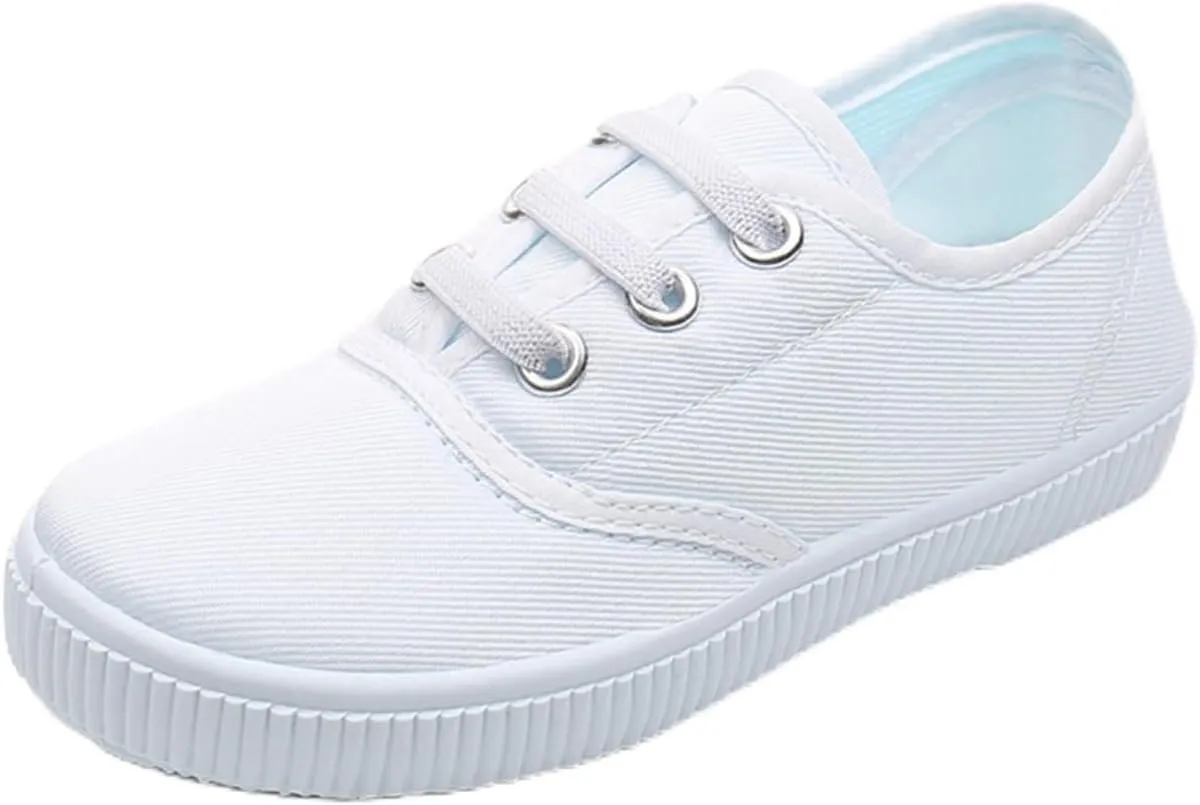 Boys Girls Canvas Sneakers Casual Low Top Slip On Flats Lightweight Comfy White Walking School Shoes
