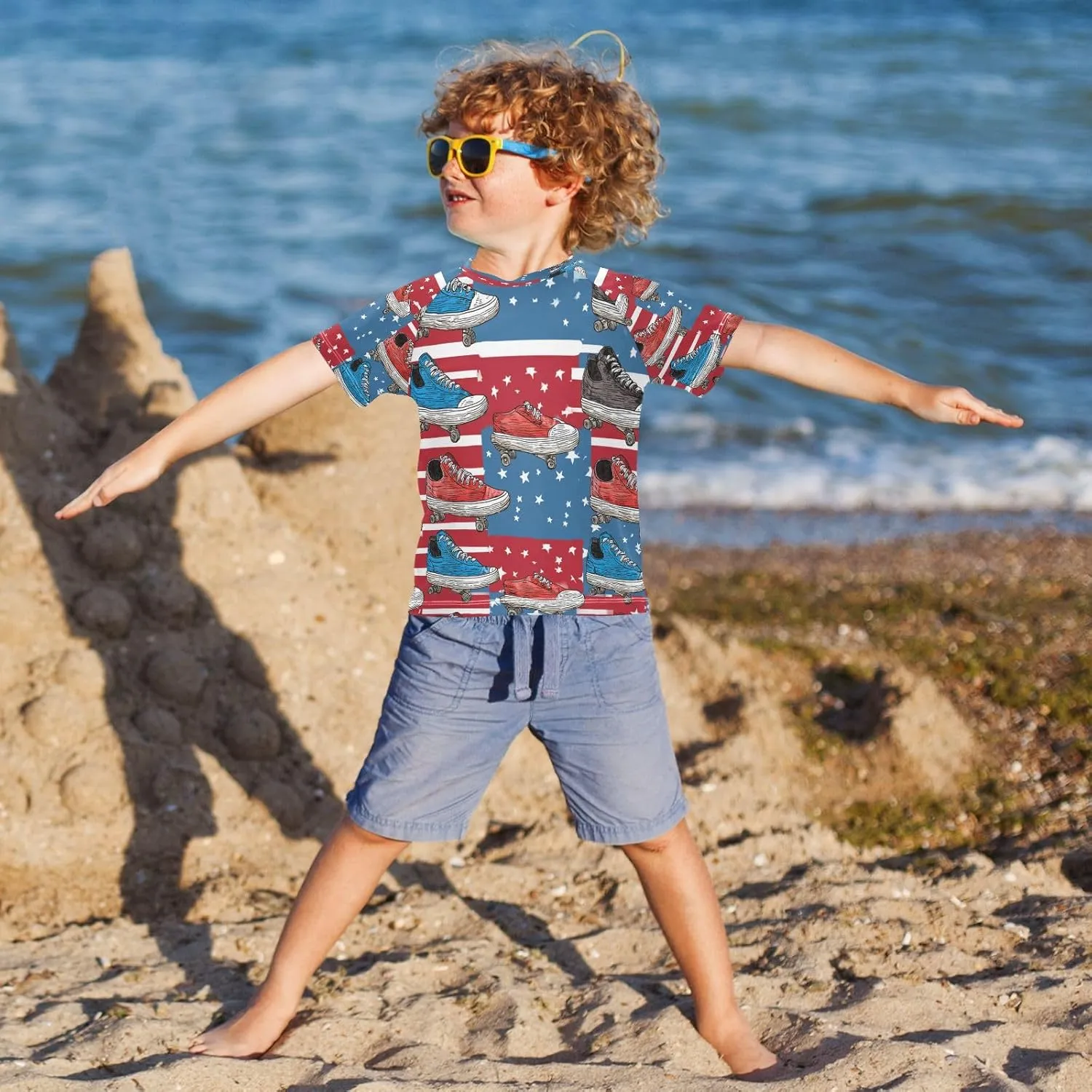 Boys Short Sleeve T-Shirts Skateboard Shoes Star Rashguard Kids Swim Shirts Sun UPF 50 