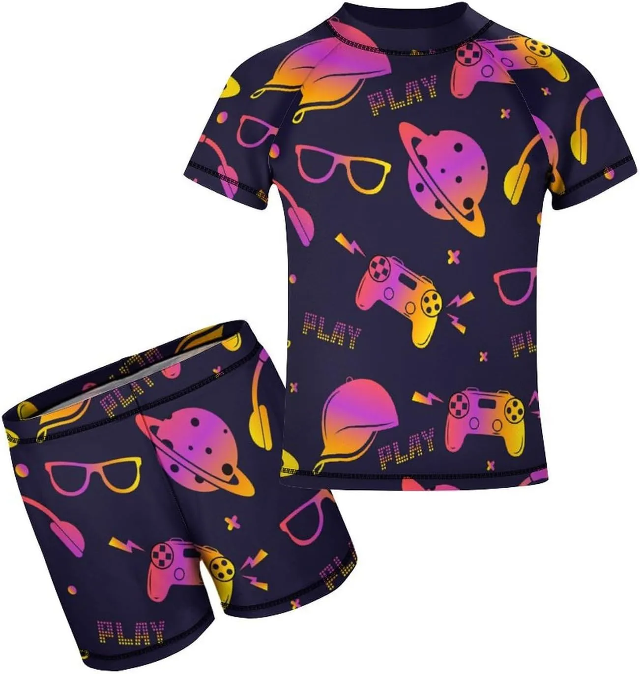 Boys'Rash Guard Set,Horses and Belts Swim Shirt and Bathing Suit Trunks-Swimwear Set for Boys (6-12)