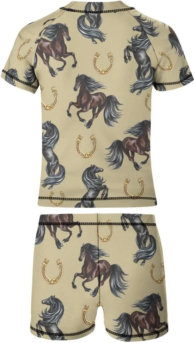 Boys'Rash Guard Set,Horses and Belts Swim Shirt and Bathing Suit Trunks-Swimwear Set for Boys (6-12)