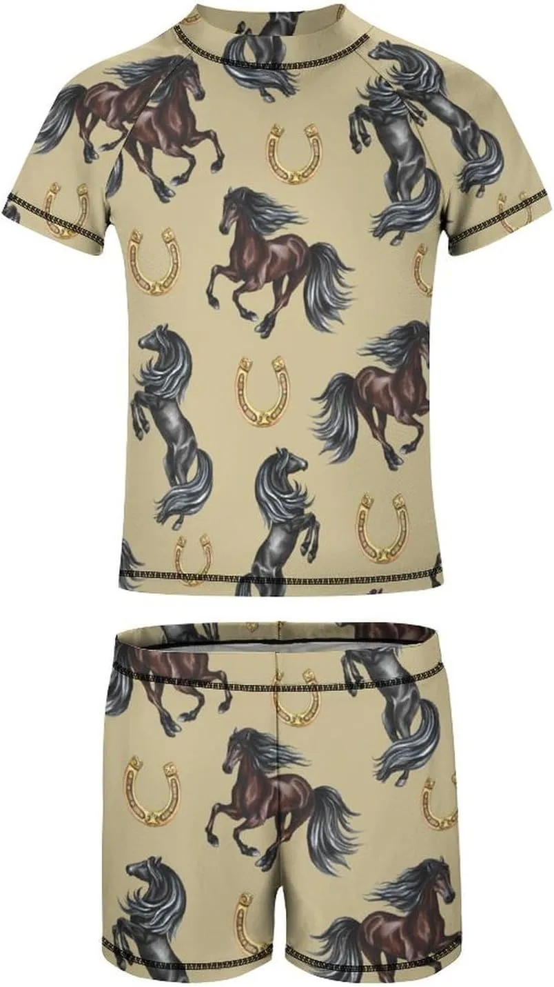 Boys'Rash Guard Set,Horses and Belts Swim Shirt and Bathing Suit Trunks-Swimwear Set for Boys (6-12)