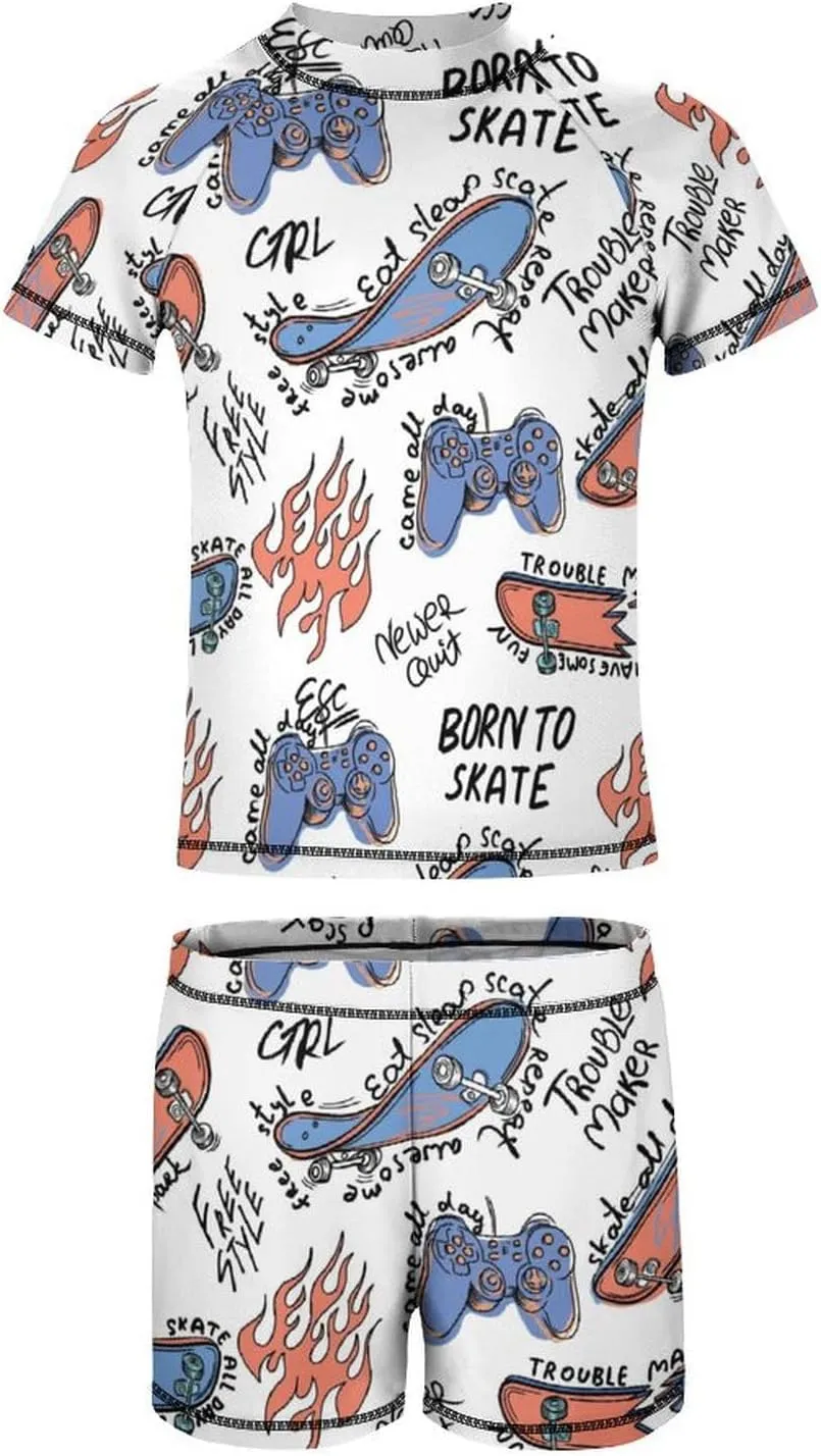 Boys'Rash Guard Set,Horses and Belts Swim Shirt and Bathing Suit Trunks-Swimwear Set for Boys (6-12)