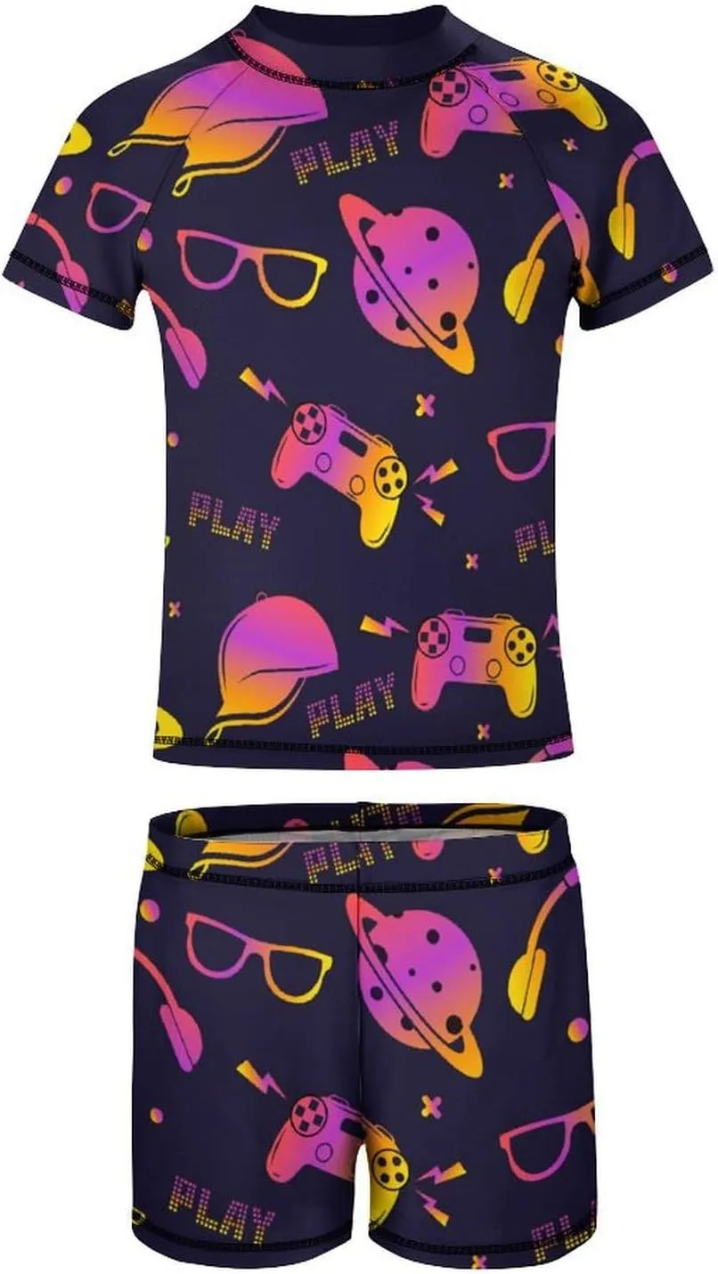 Boys'Rash Guard Set,Horses and Belts Swim Shirt and Bathing Suit Trunks-Swimwear Set for Boys (6-12)