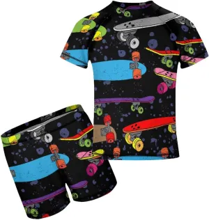 Boys'Rash Guard Set,Horses and Belts Swim Shirt and Bathing Suit Trunks-Swimwear Set for Boys (6-12)
