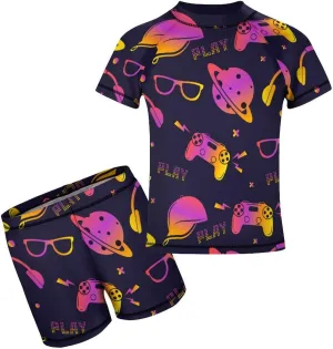 Boys'Rash Guard Set,Horses and Belts Swim Shirt and Bathing Suit Trunks-Swimwear Set for Boys (6-12)