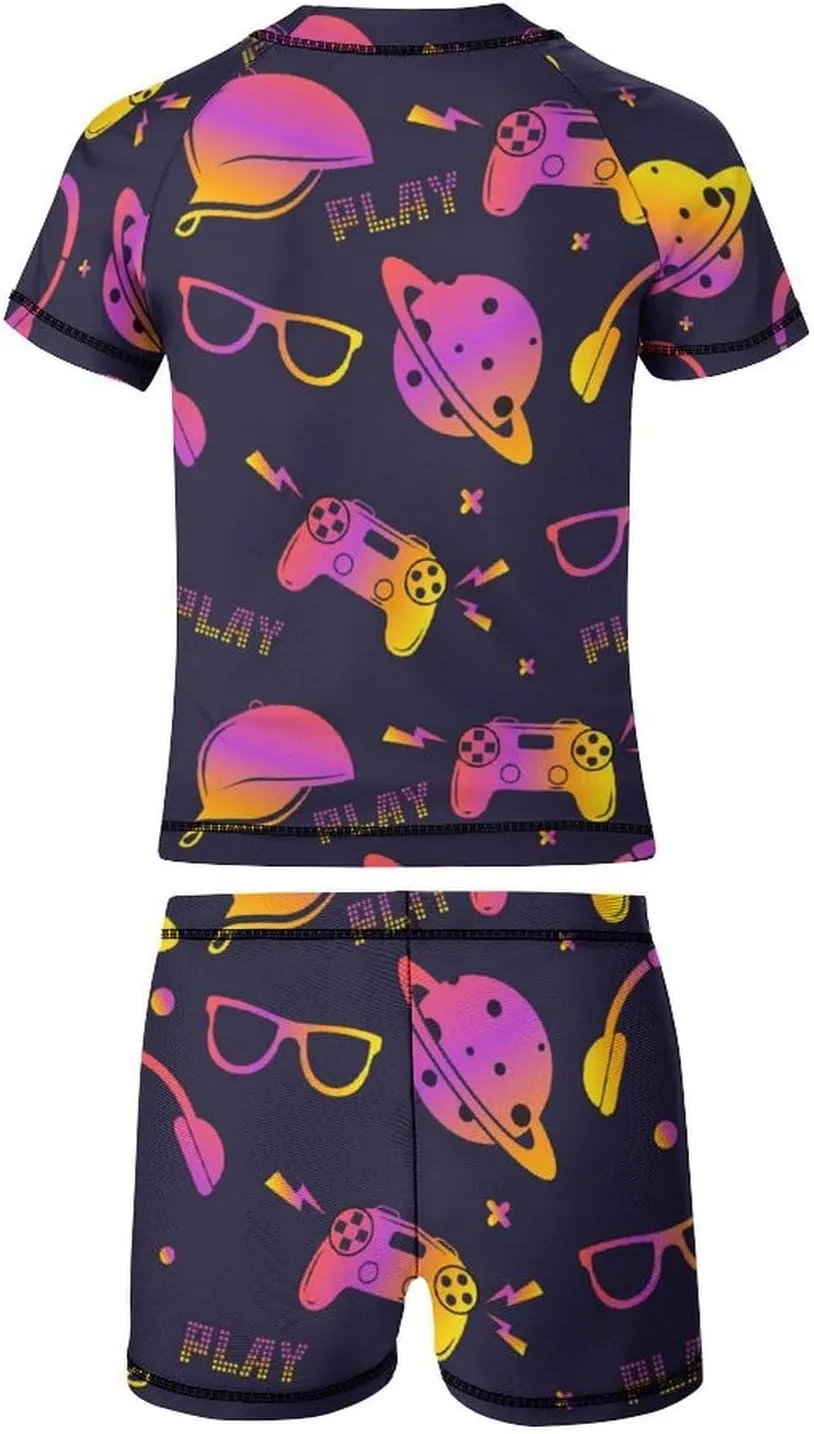 Boys'Rash Guard Set,Horses and Belts Swim Shirt and Bathing Suit Trunks-Swimwear Set for Boys (6-12)