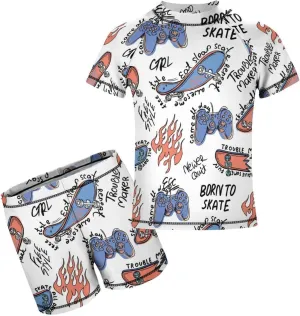 Boys'Rash Guard Set,Horses and Belts Swim Shirt and Bathing Suit Trunks-Swimwear Set for Boys (6-12)