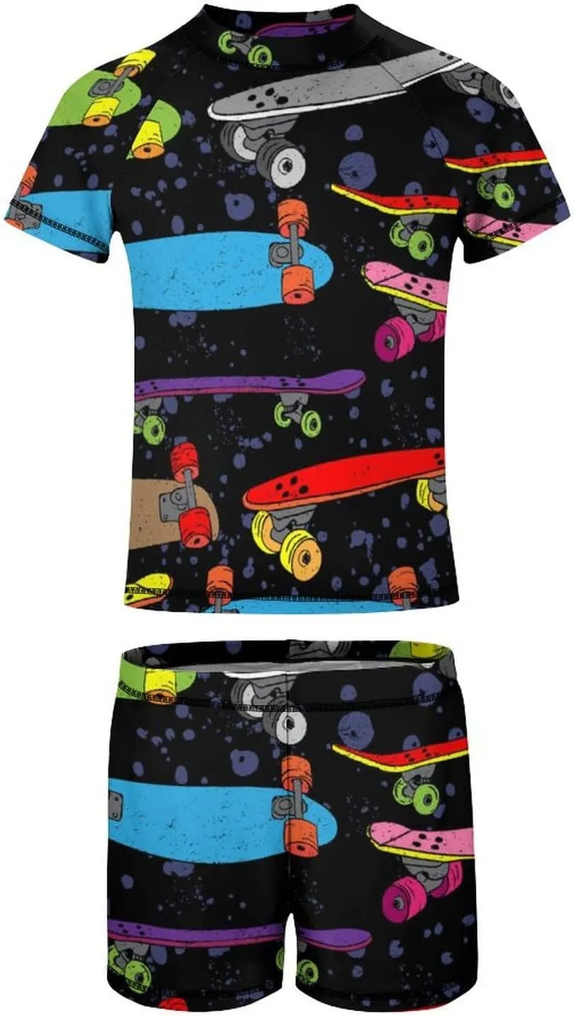 Boys'Rash Guard Set,Horses and Belts Swim Shirt and Bathing Suit Trunks-Swimwear Set for Boys (6-12)