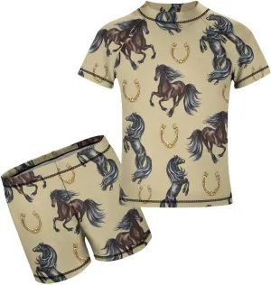 Boys'Rash Guard Set,Horses and Belts Swim Shirt and Bathing Suit Trunks-Swimwear Set for Boys (6-12)