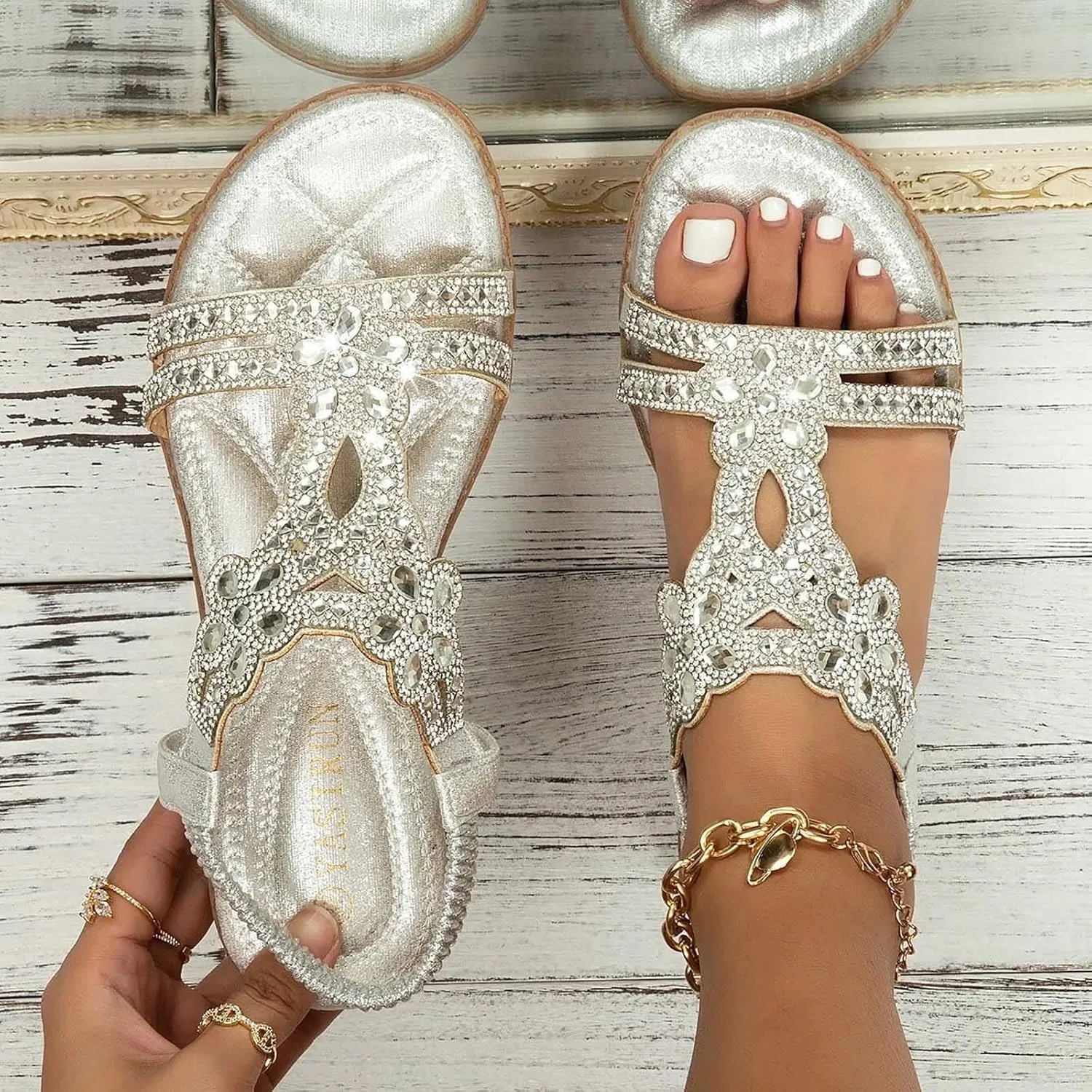 Cathalem Flat Sandals for Women Dressy Flat Women's Rhinestone Beaded Flower Bohemia Low Heeled Sandals