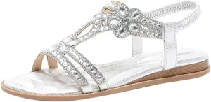 Cathalem Flat Sandals for Women Dressy Flat Women's Rhinestone Beaded Flower Bohemia Low Heeled Sandals