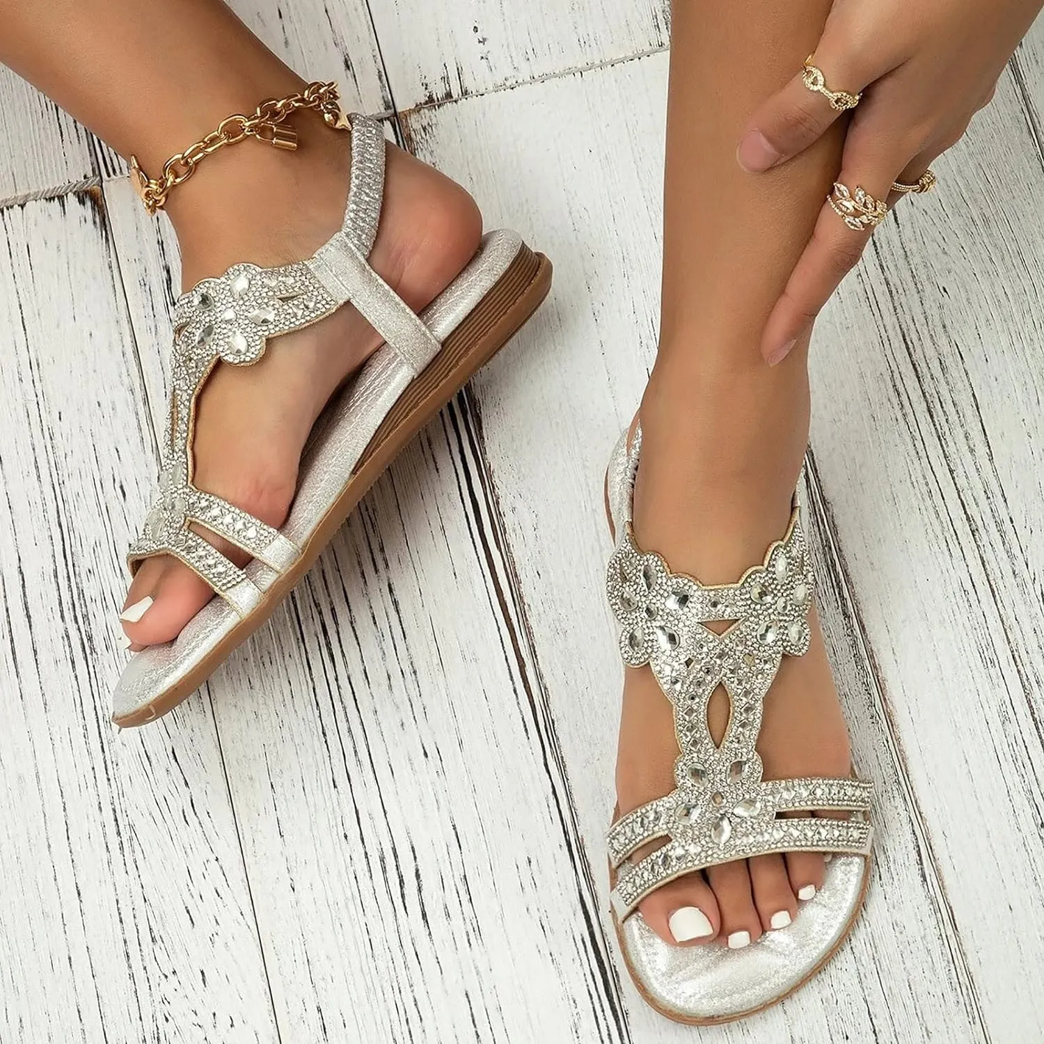 Cathalem Flat Sandals for Women Dressy Flat Women's Rhinestone Beaded Flower Bohemia Low Heeled Sandals