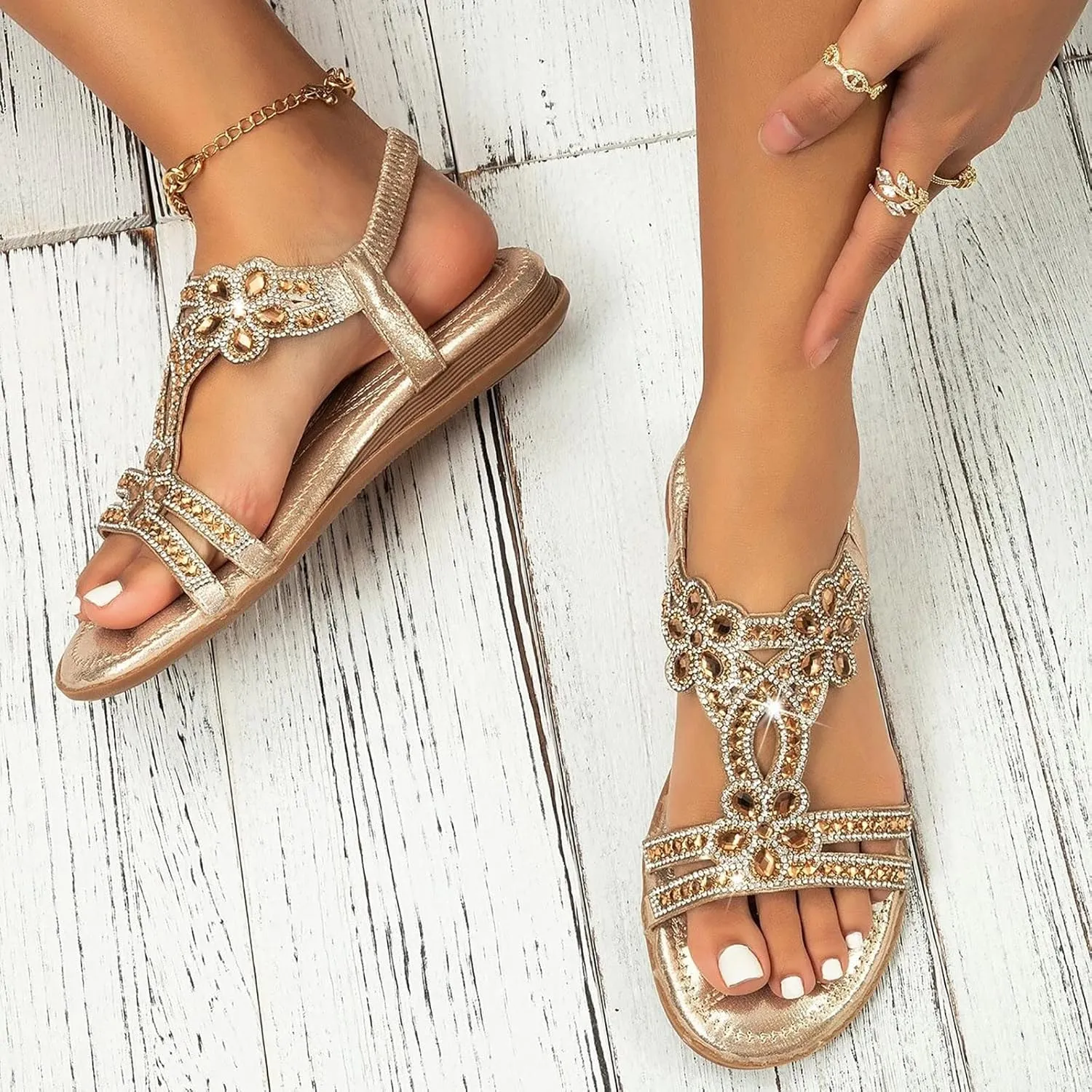 Cathalem Flat Sandals for Women Dressy Flat Women's Rhinestone Beaded Flower Bohemia Low Heeled Sandals