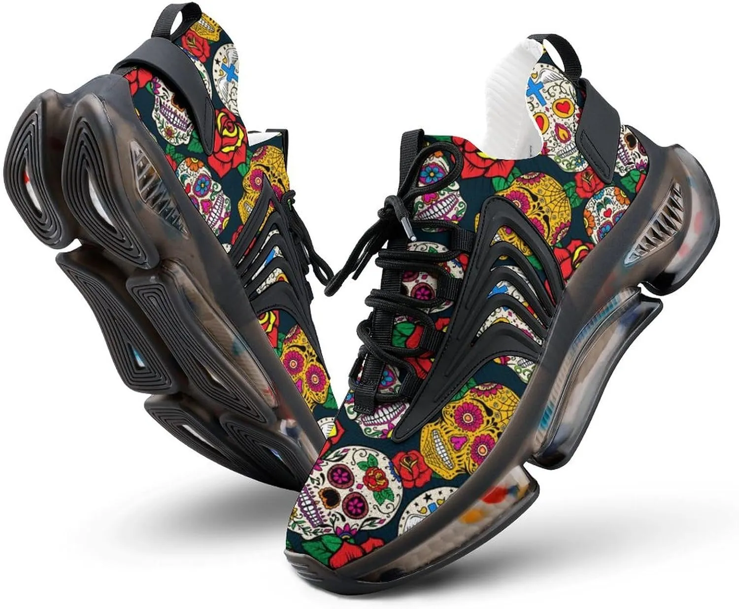 Colorful Skulls and Roses Walking Shoes for Men Lightweight Tennis Fashion Elastic Sports Shoes Cushion Basketball Shoes