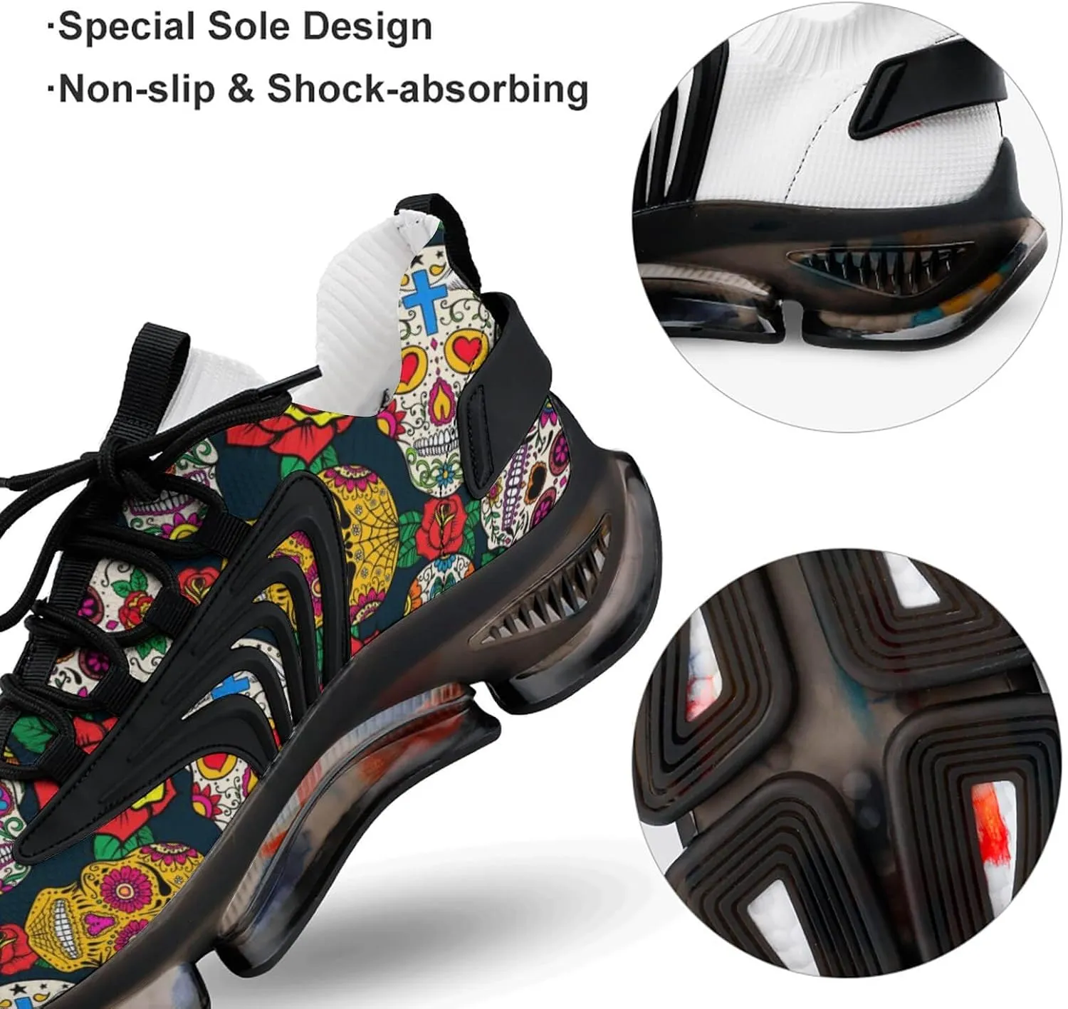 Colorful Skulls and Roses Walking Shoes for Men Lightweight Tennis Fashion Elastic Sports Shoes Cushion Basketball Shoes