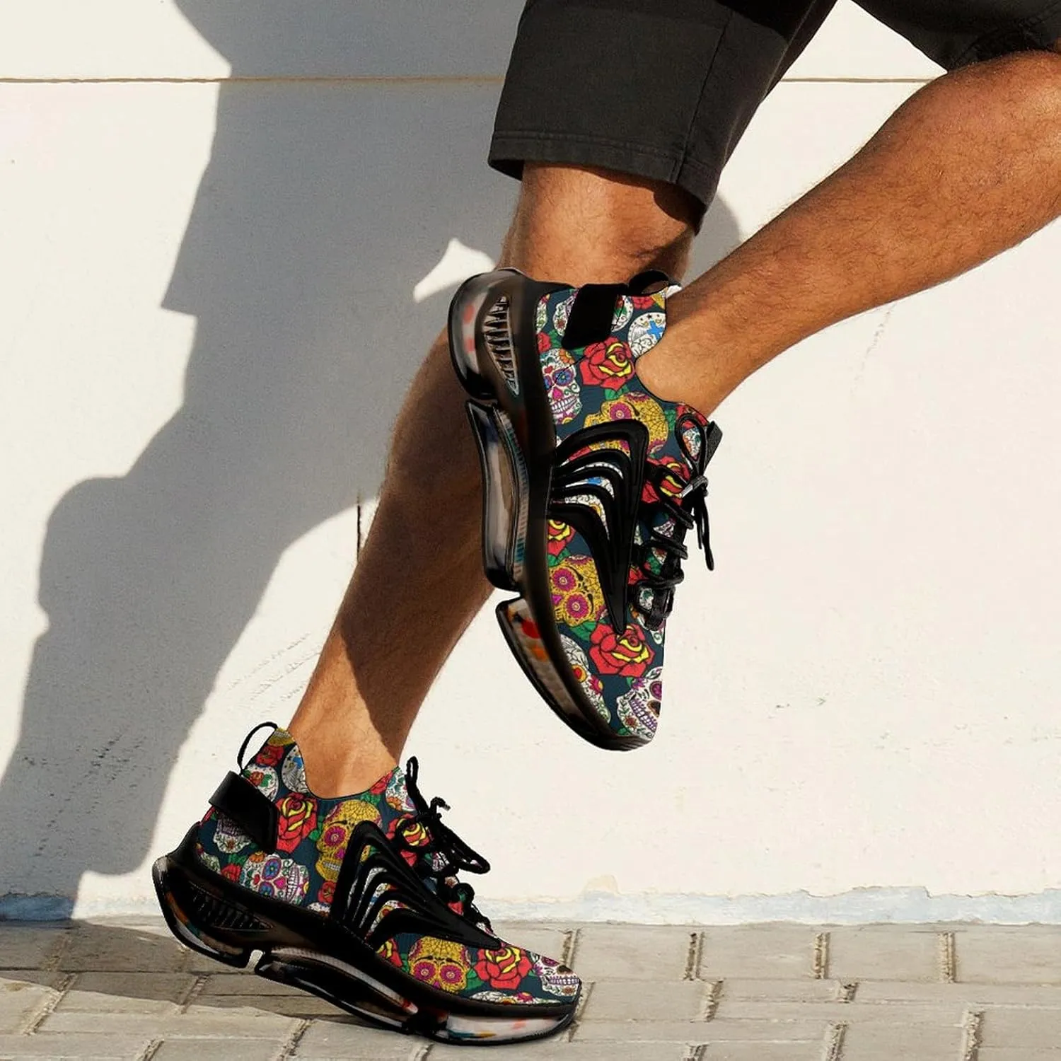 Colorful Skulls and Roses Walking Shoes for Men Lightweight Tennis Fashion Elastic Sports Shoes Cushion Basketball Shoes