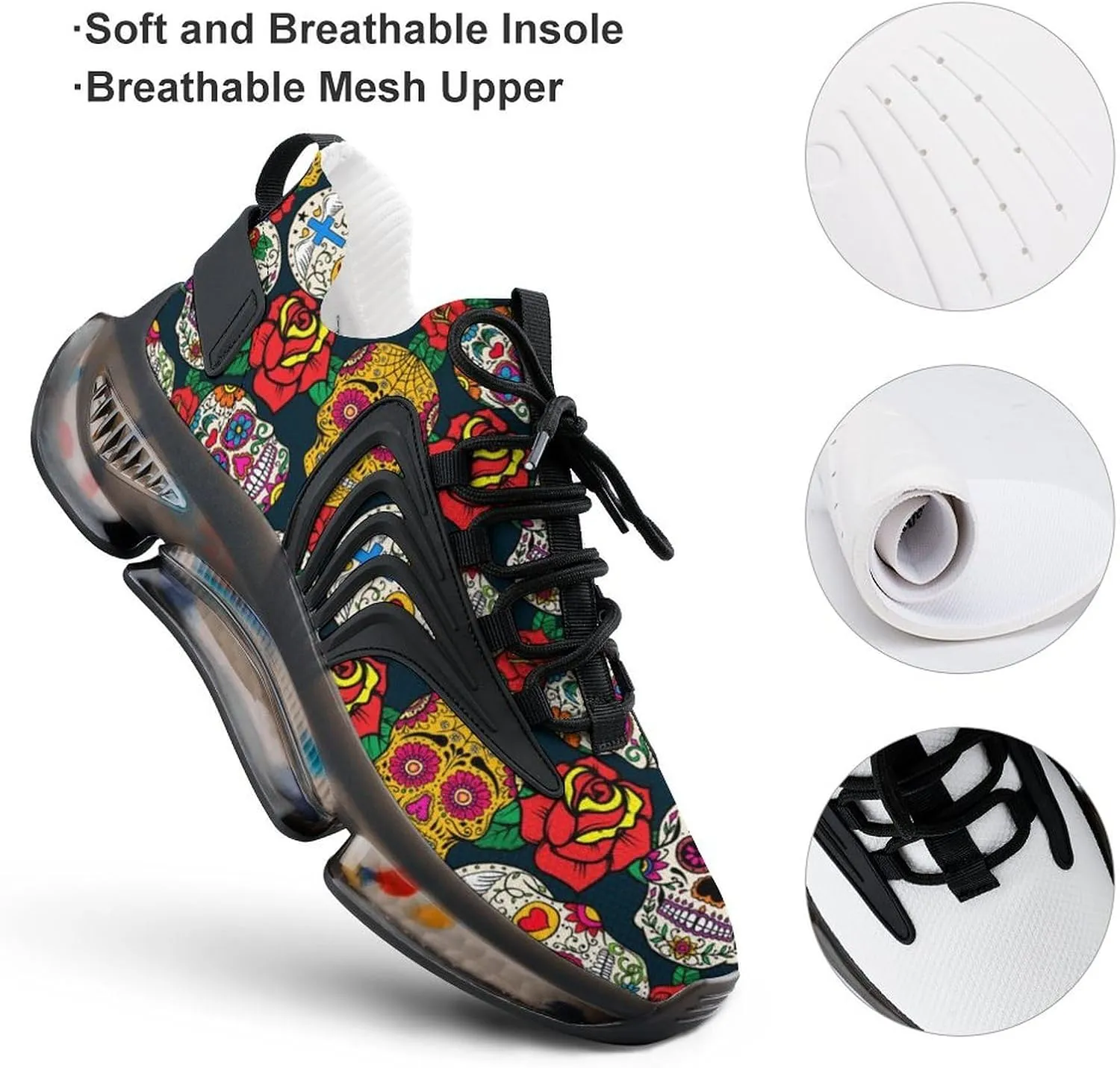 Colorful Skulls and Roses Walking Shoes for Men Lightweight Tennis Fashion Elastic Sports Shoes Cushion Basketball Shoes