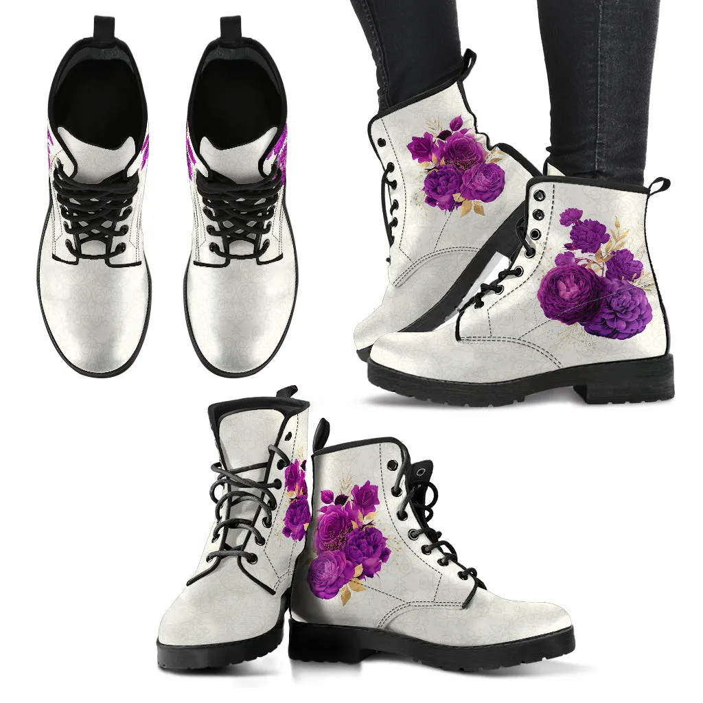 Combat Boots - Beautiful Flowers #104 Purple | Vegan Leather Handmade Lace Up, Custom Shoes, Gift Idea, Unisex Adult