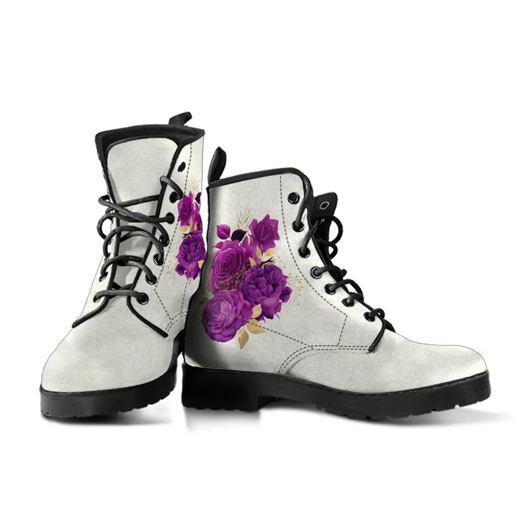 Combat Boots - Beautiful Flowers #104 Purple | Vegan Leather Handmade Lace Up, Custom Shoes, Gift Idea, Unisex Adult