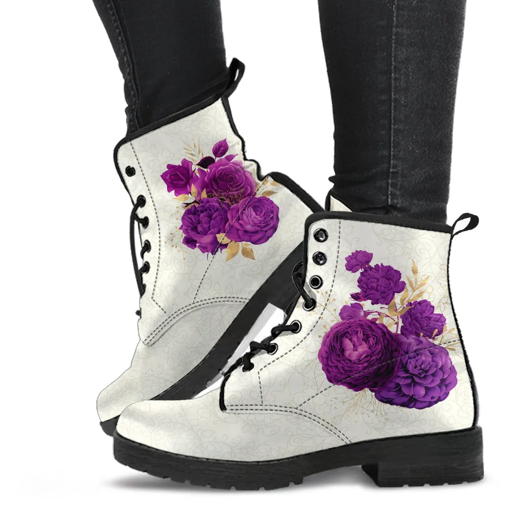 Combat Boots - Beautiful Flowers #104 Purple | Vegan Leather Handmade Lace Up, Custom Shoes, Gift Idea, Unisex Adult
