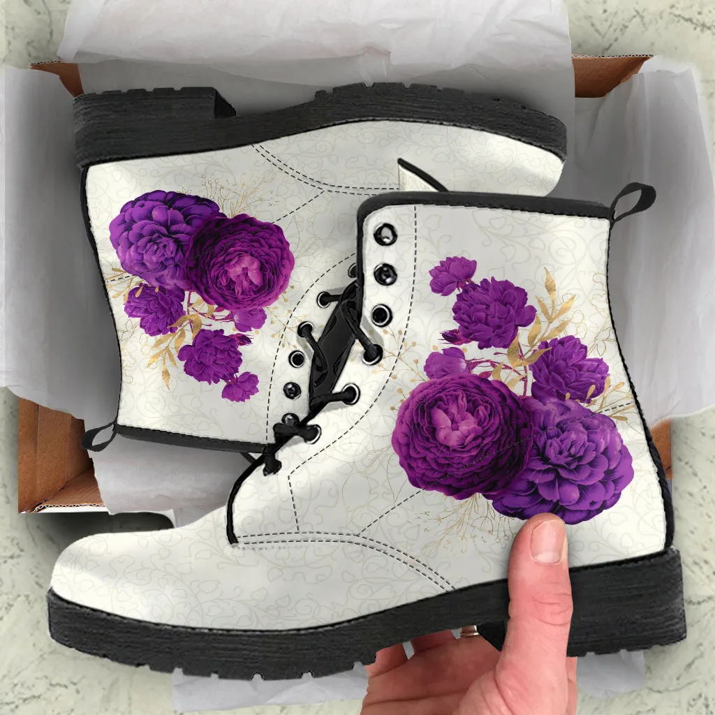 Combat Boots - Beautiful Flowers #104 Purple | Vegan Leather Handmade Lace Up, Custom Shoes, Gift Idea, Unisex Adult