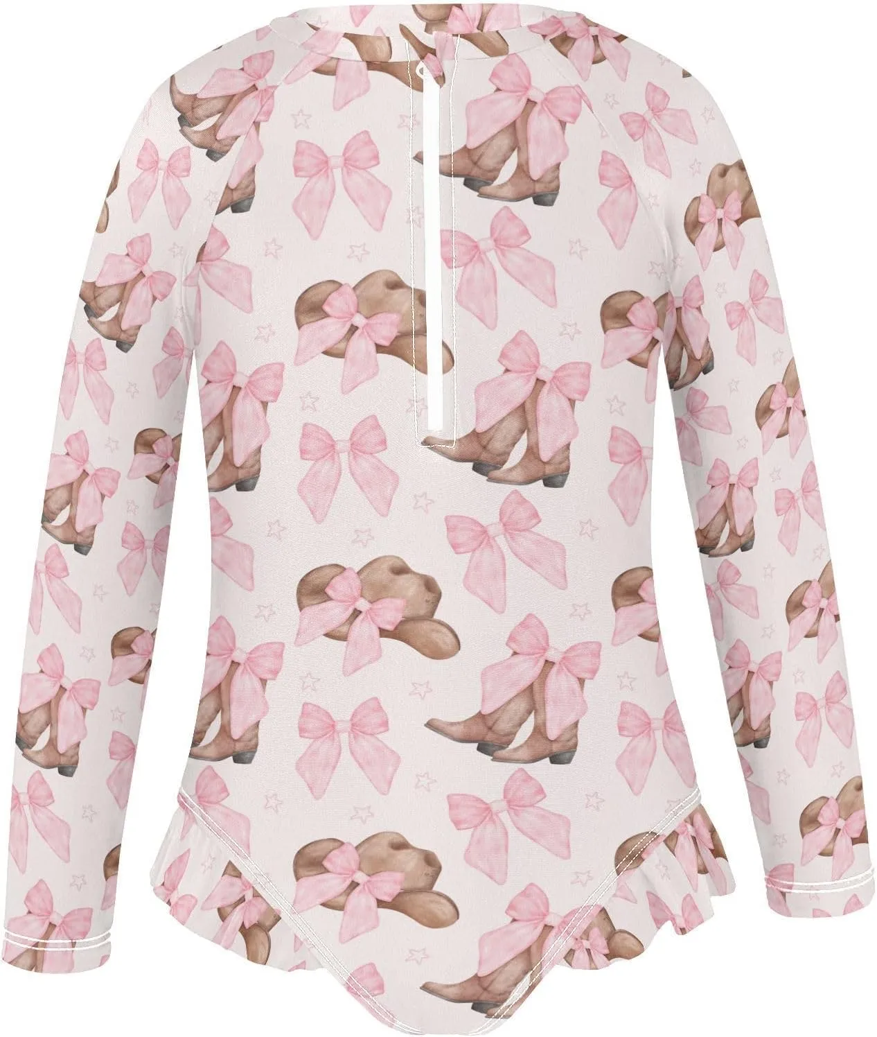 Cowgirl Hat and Boots with Pink Bow Girls Rash Guard Swimsuits Long Sleeve One Pieces Bathing Suit UPF 50 