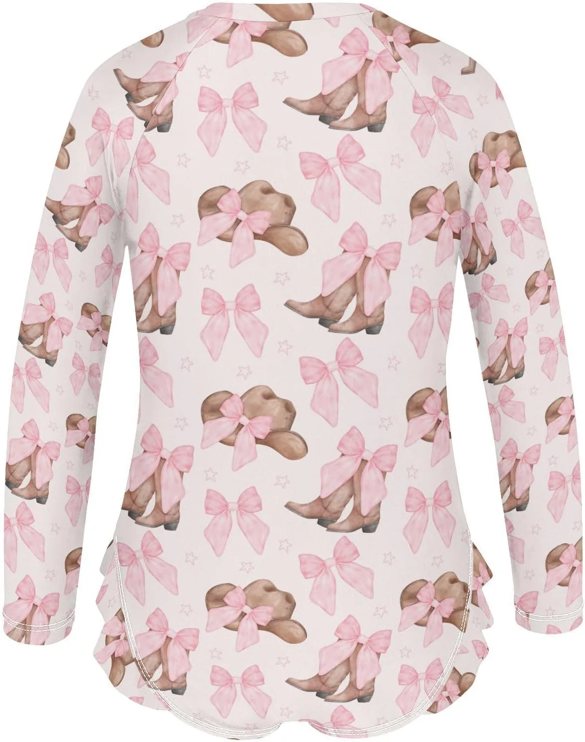 Cowgirl Hat and Boots with Pink Bow Girls Rash Guard Swimsuits Long Sleeve One Pieces Bathing Suit UPF 50 