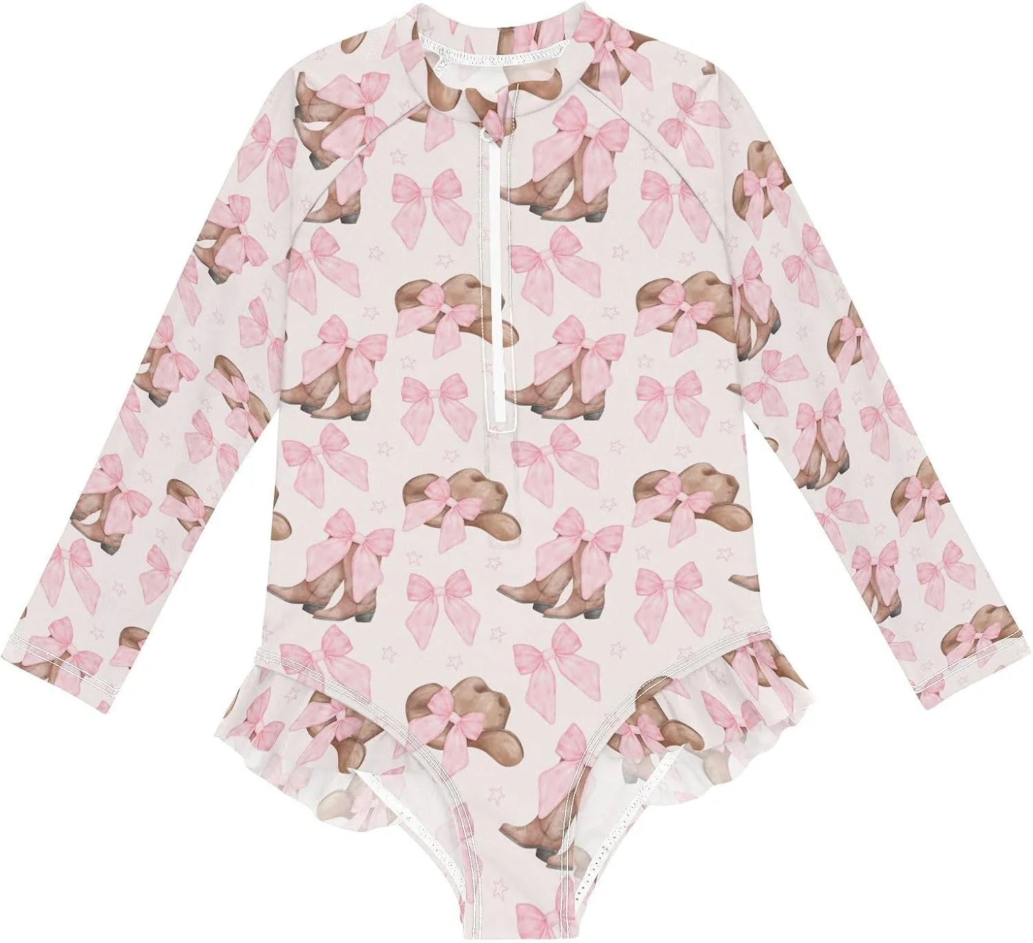 Cowgirl Hat and Boots with Pink Bow Girls Rash Guard Swimsuits Long Sleeve One Pieces Bathing Suit UPF 50 