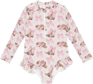 Cowgirl Hat and Boots with Pink Bow Girls Rash Guard Swimsuits Long Sleeve One Pieces Bathing Suit UPF 50 