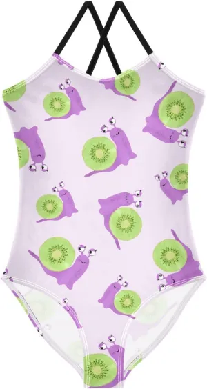 Cute Cartoon Snail Girls One Piece Swimsuits Watercolor Sport Halter Swimwear Beach Bathing Suit 3T