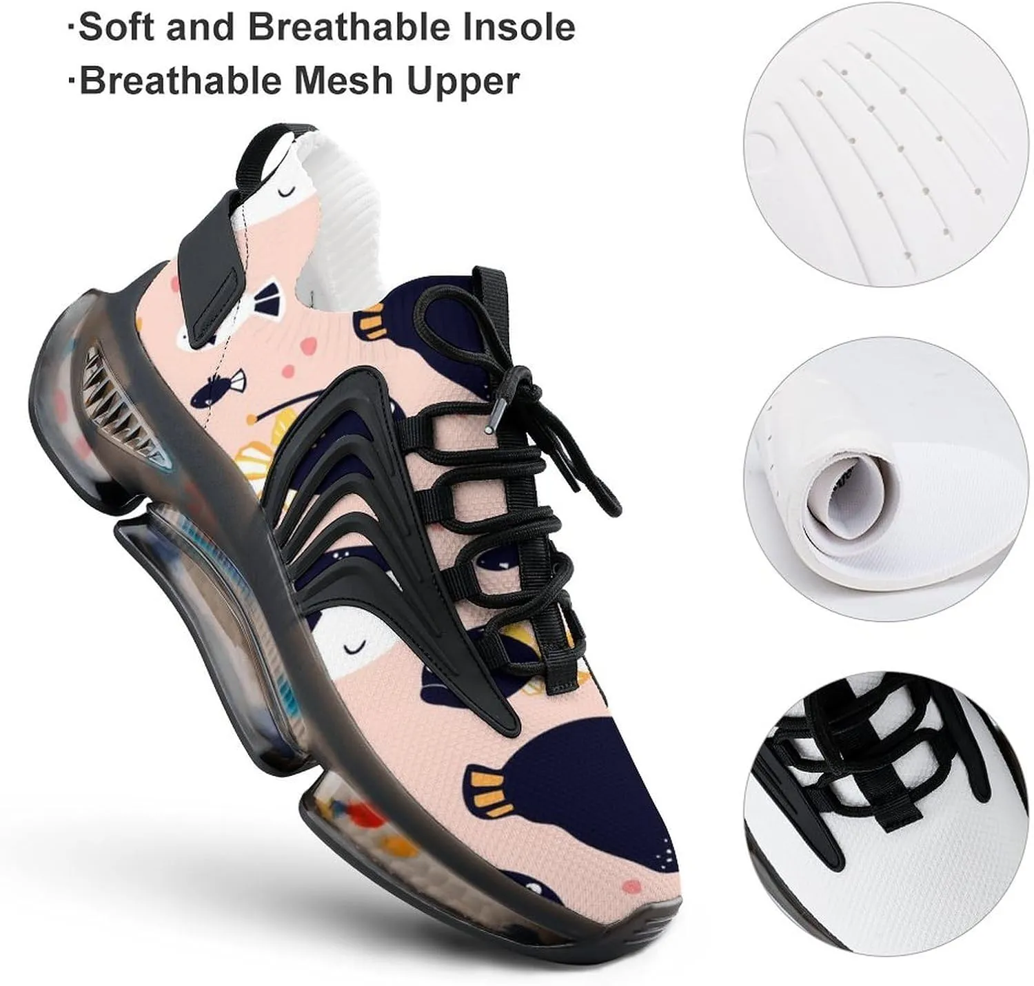 Cute Sea Animals Killer Whale Angler Fish Walking Shoes for Men Lightweight Tennis Fashion Elastic Sports Shoes Cushion Basketball Shoes