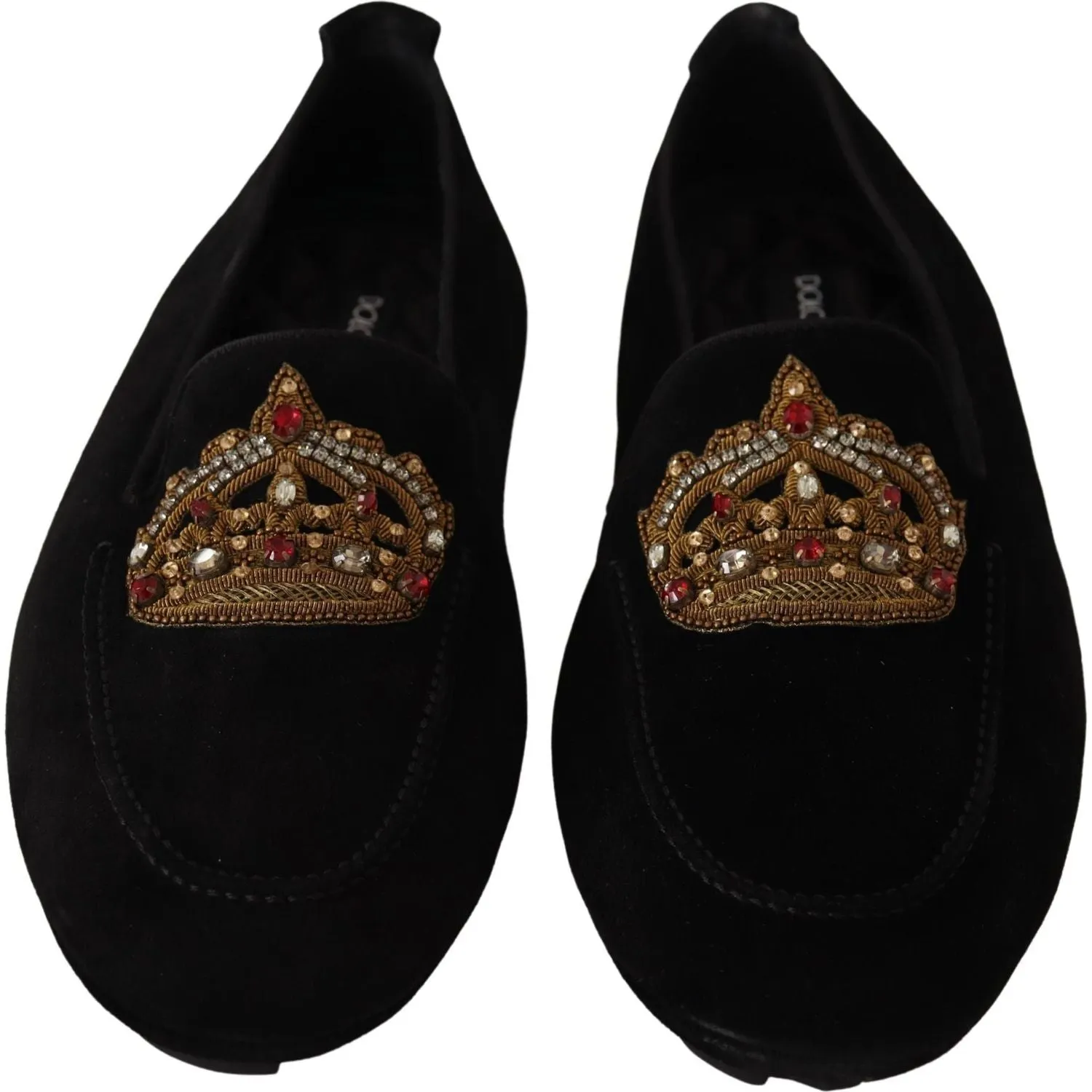 Dolce & Gabbana Elegant Black Leather Loafer Slides with Gold Embroidery