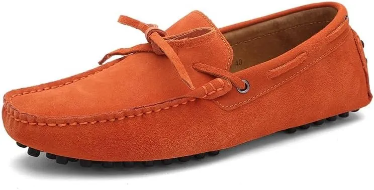 Easy to Put and Remove. Driving Moccasins Loafer Shoes for Men Genuine Leather Round Toe Stitching Details Suede Vamp Deck Shoes Lightweight Anti-Slip Flexible Casual for All Occasions Orange