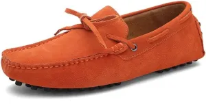 Easy to Put and Remove. Driving Moccasins Loafer Shoes for Men Genuine Leather Round Toe Stitching Details Suede Vamp Deck Shoes Lightweight Anti-Slip Flexible Casual for All Occasions Orange