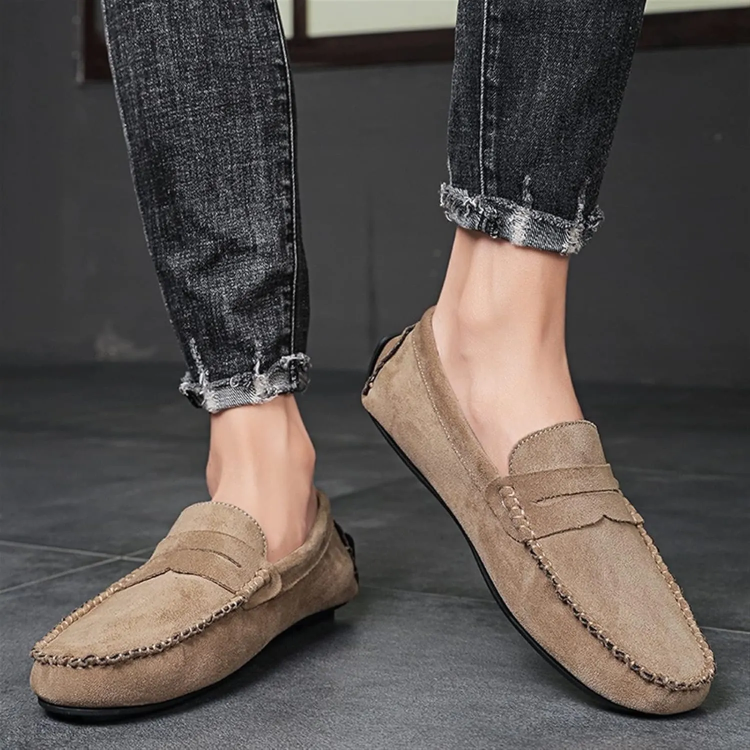 Easy to Put and Remove. Smoking Loafer for Men Suede Vamp Penny Loafer Stitching Details Round Toe Flat Heel Flexible Anti-Slip Resistant Casual Slip on for All Occasions