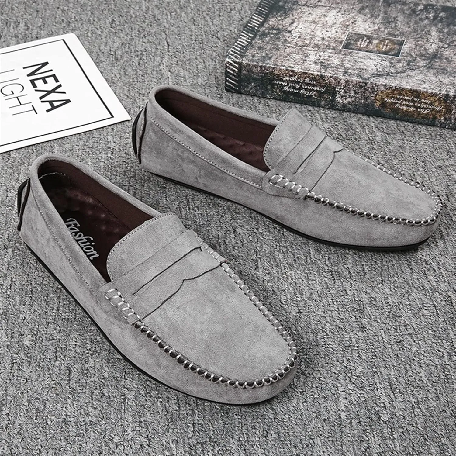 Easy to Put and Remove. Smoking Loafer for Men Suede Vamp Penny Loafer Stitching Details Round Toe Flat Heel Flexible Anti-Slip Resistant Casual Slip on for All Occasions