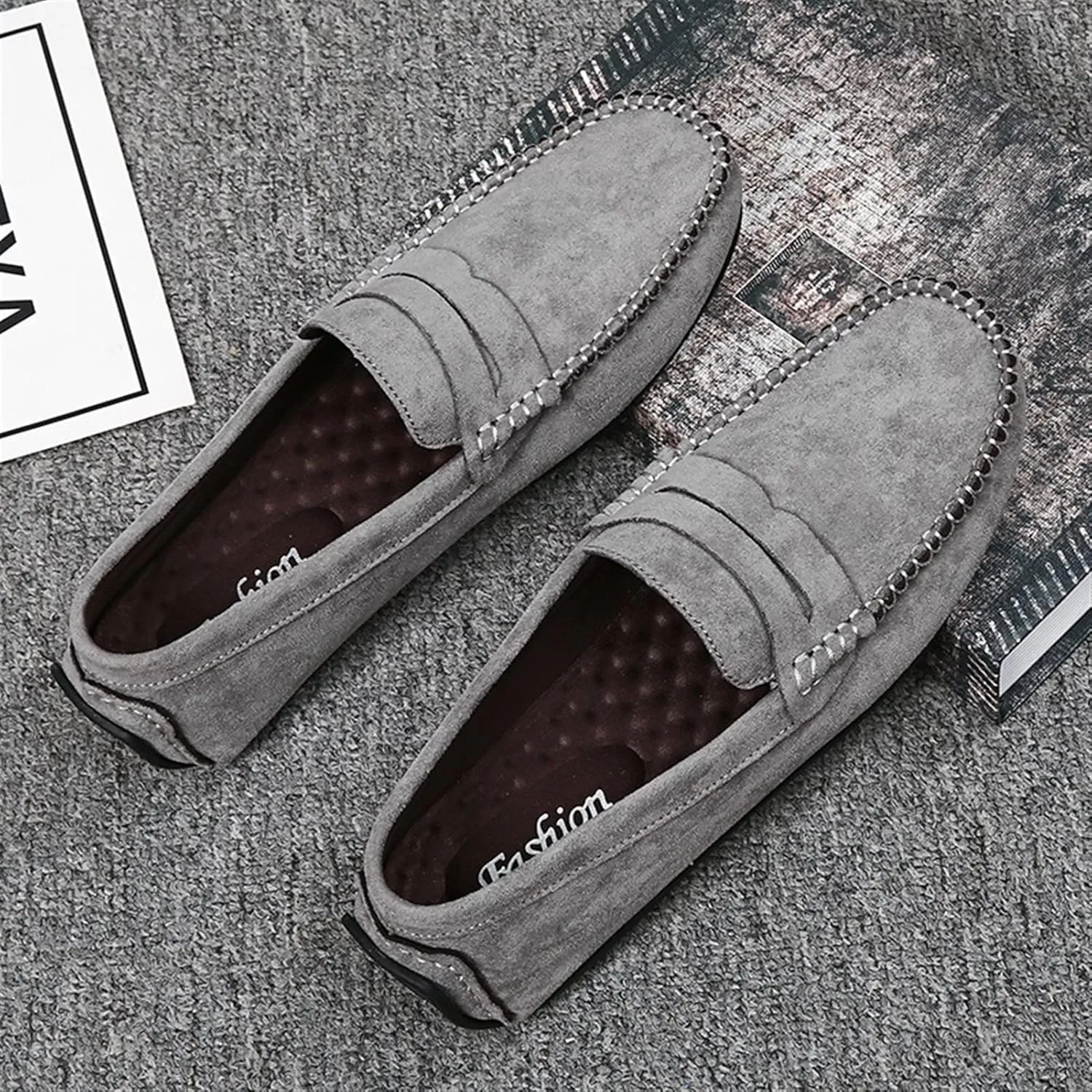 Easy to Put and Remove. Smoking Loafer for Men Suede Vamp Penny Loafer Stitching Details Round Toe Flat Heel Flexible Anti-Slip Resistant Casual Slip on for All Occasions