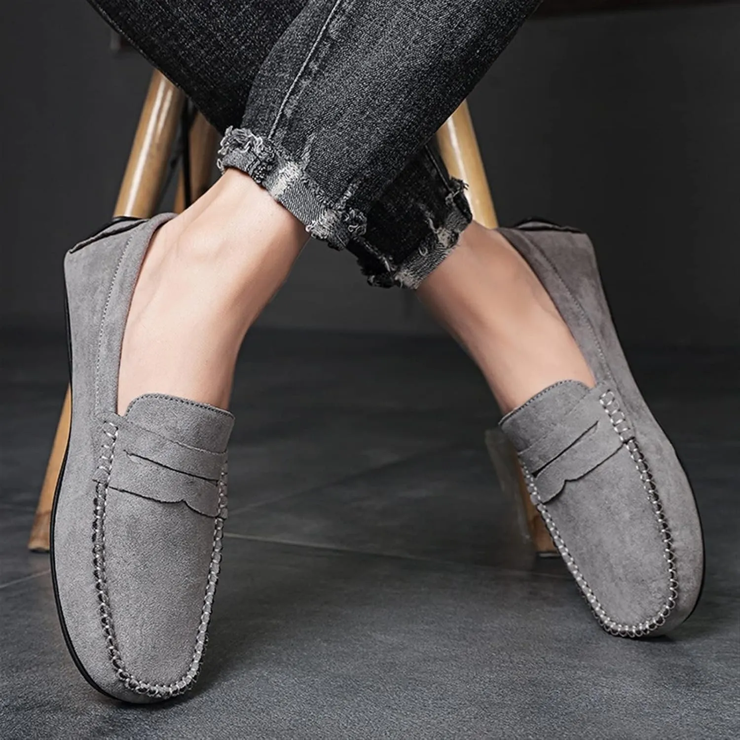 Easy to Put and Remove. Smoking Loafer for Men Suede Vamp Penny Loafer Stitching Details Round Toe Flat Heel Flexible Anti-Slip Resistant Casual Slip on for All Occasions
