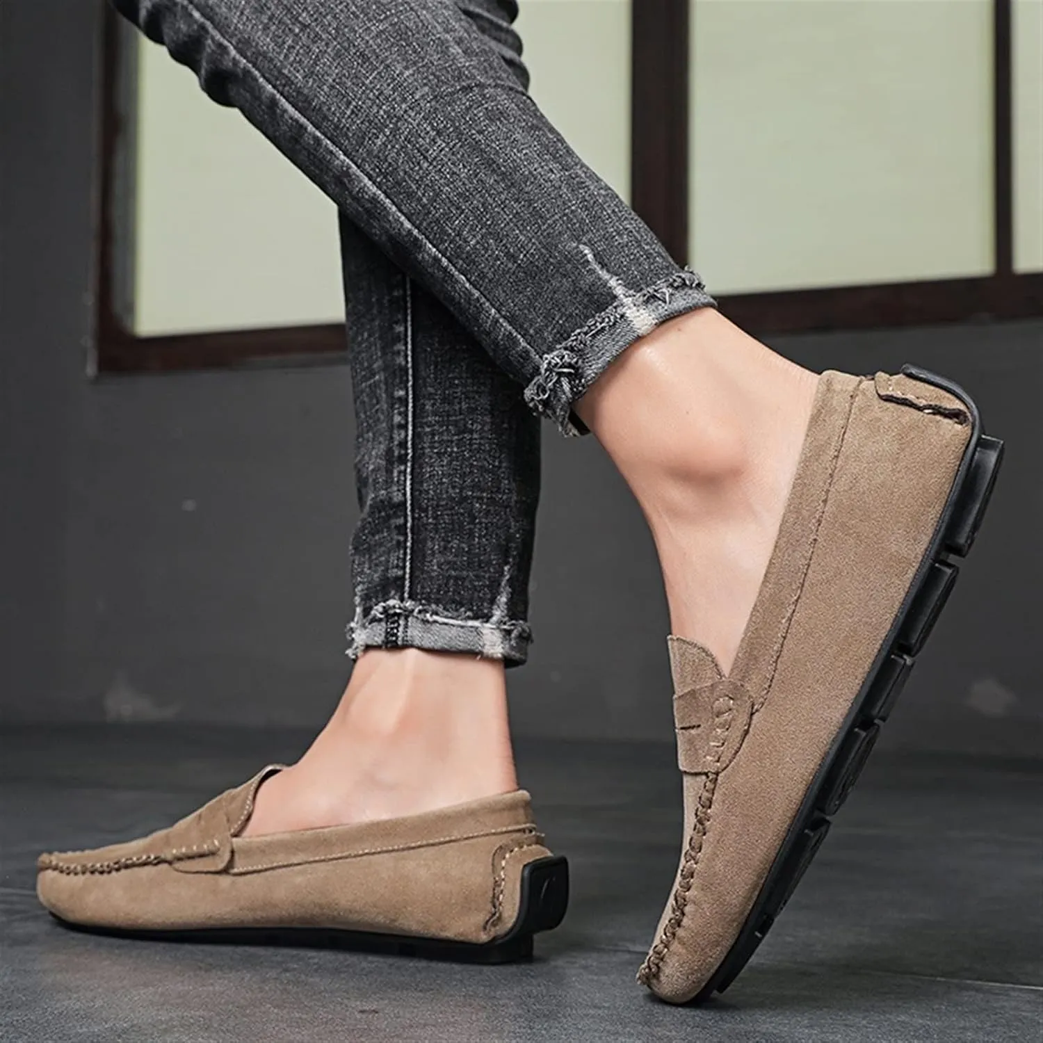 Easy to Put and Remove. Smoking Loafer for Men Suede Vamp Penny Loafer Stitching Details Round Toe Flat Heel Flexible Anti-Slip Resistant Casual Slip on for All Occasions
